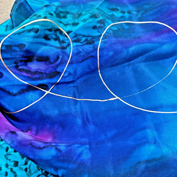 Artisan Hand Painted Pure Silk Scarf Gem Tone Colors Gold Swirls Long Rectangle - Picture 2 of 11